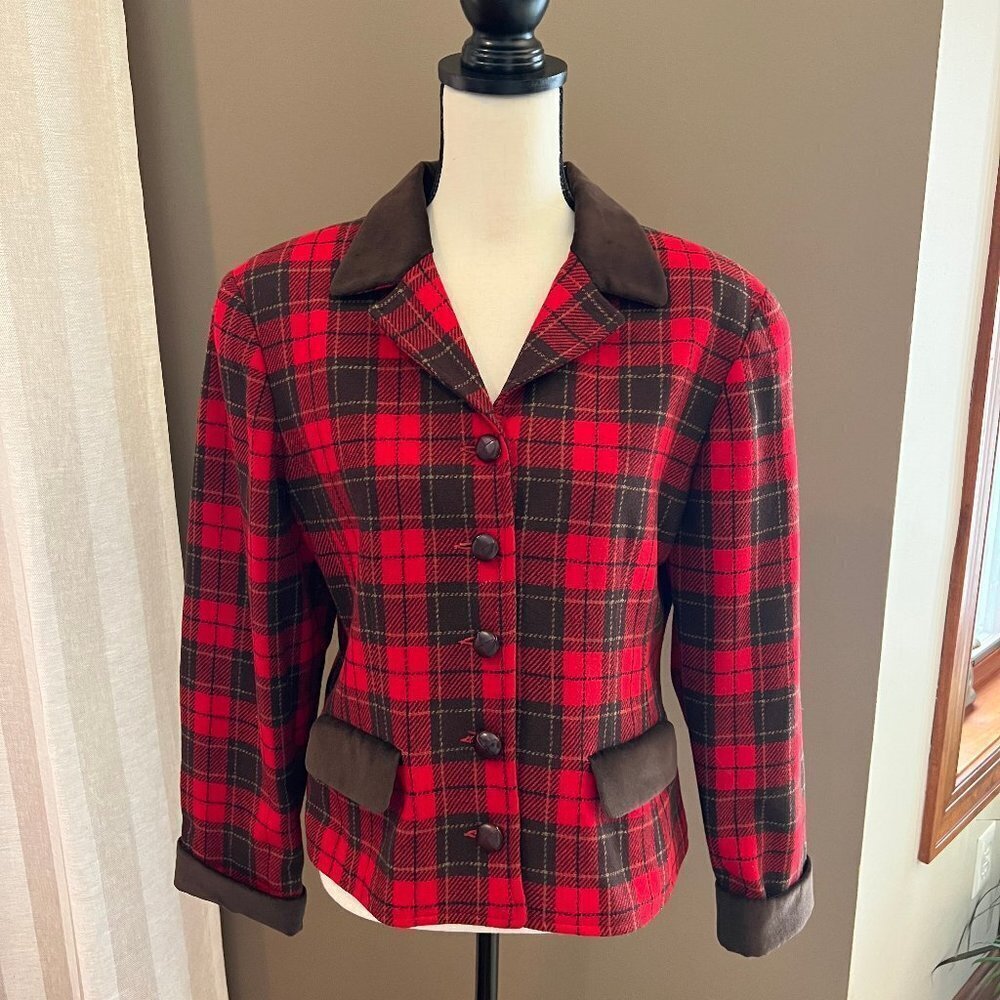 Vintage Liz Sport Red & Brown Plaid Wool Cropped blazer, Size 12 Petite